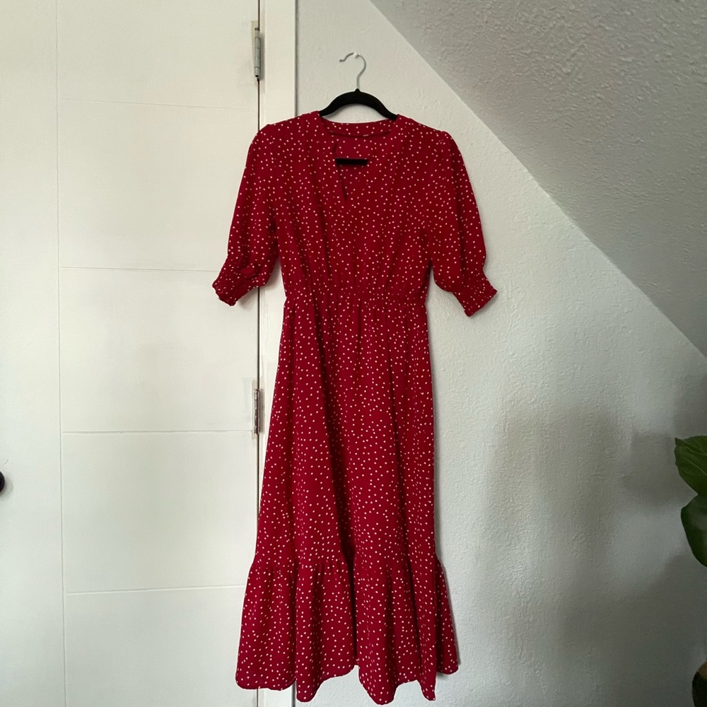 Red polka dot midi dress